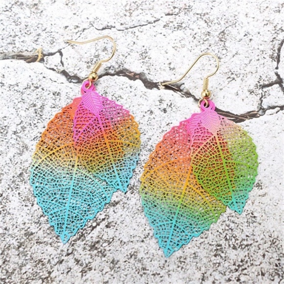 Festival Boho Rainbow Leaf Dangle Earrings - Picture 3 of 4